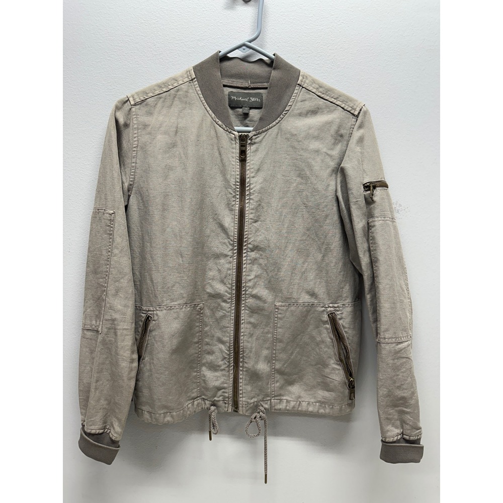 Michael Stars Womens Utility Bomber Jacket Taupe Gray Full Zip Drawstring XS